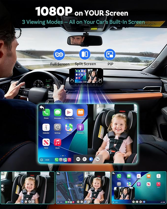 OTTOCAST Cabin Care Car Adapter with Baby Car Camera, Wireless CarPlay Display on CarScreen 2026, Plug-and-Play 1080P HD Rear Seat Baby Monitor, Split Screen Navigation, for Parents & Pet Owners