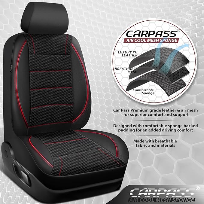 CAR PASS Air Mesh Leather Car Seat Covers Front Seats, Breathable Two Front Seat Covers for Cars, Comfortable Universal Fit for SUV Truck Sedan Automotive, Anti-Slip Airbag Compatible,Black and Red