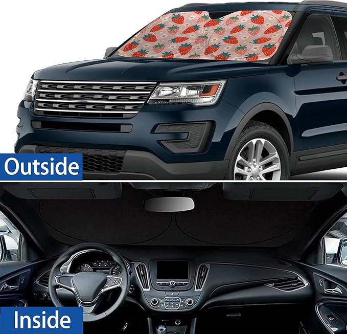 Pink Strawberry Windshield Sunshade for Car SUV Truck Foldable Uv Ray Reflector Front Window Sun Shade Visor Shield Cover -59" X 31"