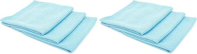The Rag Company - Standard Waffle Weave Towels, Microfiber Detailing, Window/Glass and Drying, Wax & Polish, Lint-Free, Streak-Free, 370gsm, 16in x 16in, Light Blue (6-Pack)