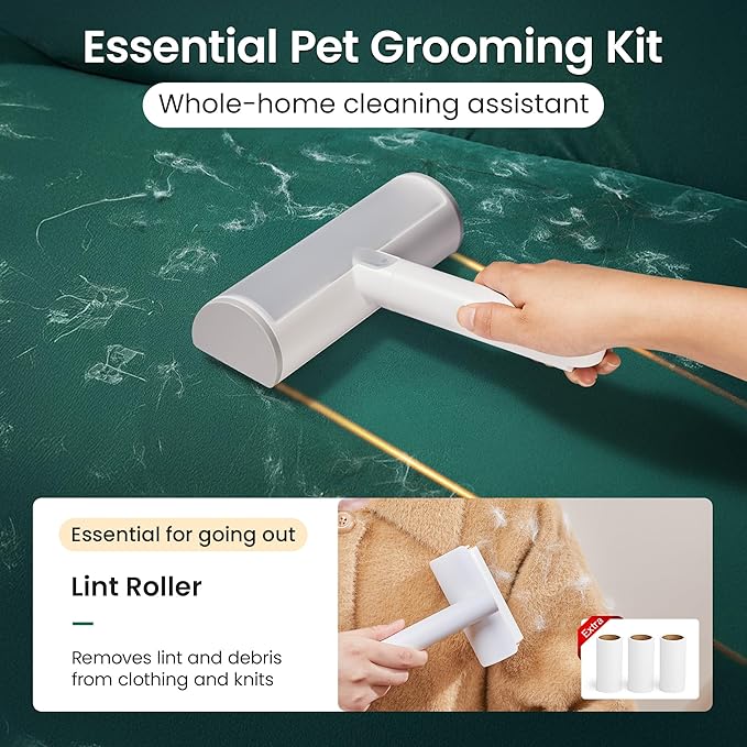 TripleWood Pet Hair Removal Tool and Lint Roller Value Set, Extra Sticky Lint Remover and Reusable Dog Cat Hair Remover for Pet Hair Removal on Furniture, Couch, Carpet, Clothing, Bright White