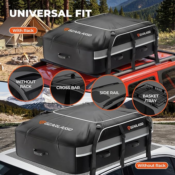 Car Roof Bag 21 Cubic Feet, Waterproof Rooftop Cargo Bag for Cars SUVs & Vans, 840D Heavy-Duty PVC, Universal Fit with or Without Roof Rack- Anti-Slip Mat，Combination Lock，6 Door Hooks，4 Extra Straps