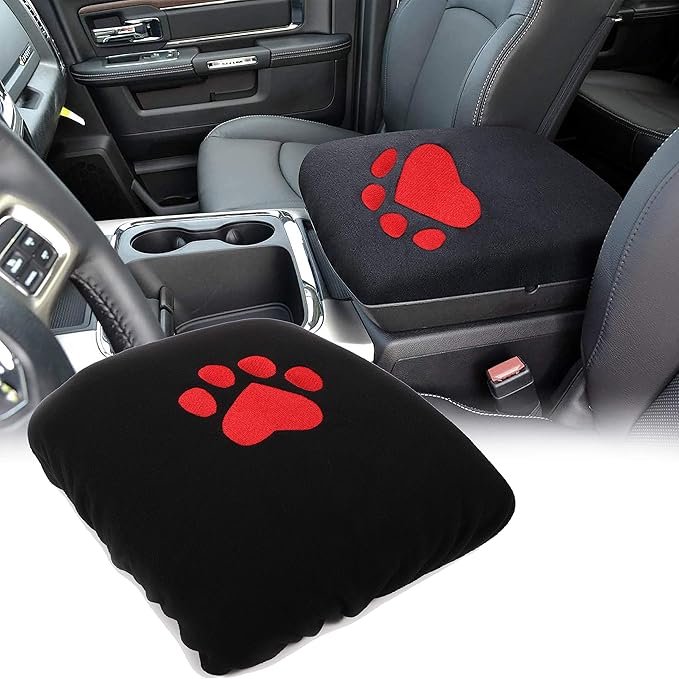 Center Console Armrest Pad Cover for Dodge Ram 1500 2500 3500 4500 5500 Pickup Trucks 1993-2023-Black Soft Car Armrest Protector Cushion All Seasons Suitable(Paw)