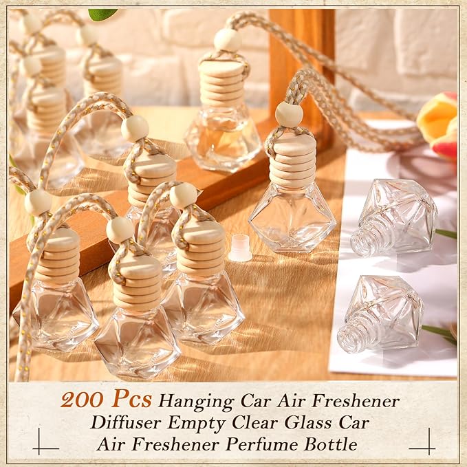 Domensi 200 Pcs Car Diffuser Bottles Air Freshener Bulk, Hanging Empty Glass Perfume Bottles Refillable Air Freshener Pendant Fragrance Vials Ornament Decor with Wooden Caps String(Classic)