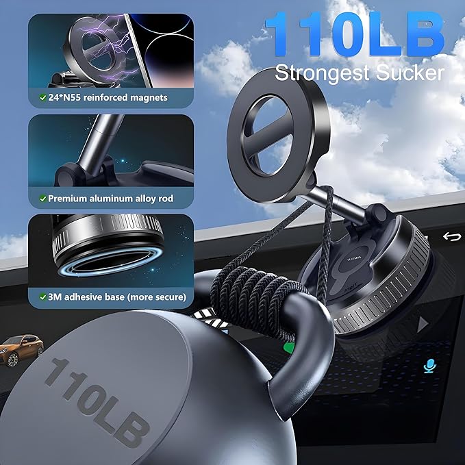 2026 Upgraded Reinforced Magnetic Car Phone Holder -24×N55 Ultra Magnets 110 LBS - 360°Swivel & Rock-Solid Hold Suction Cup Car Phone Mount for Magsafe iPhone 17 Pro Max 16-12 Air Plus