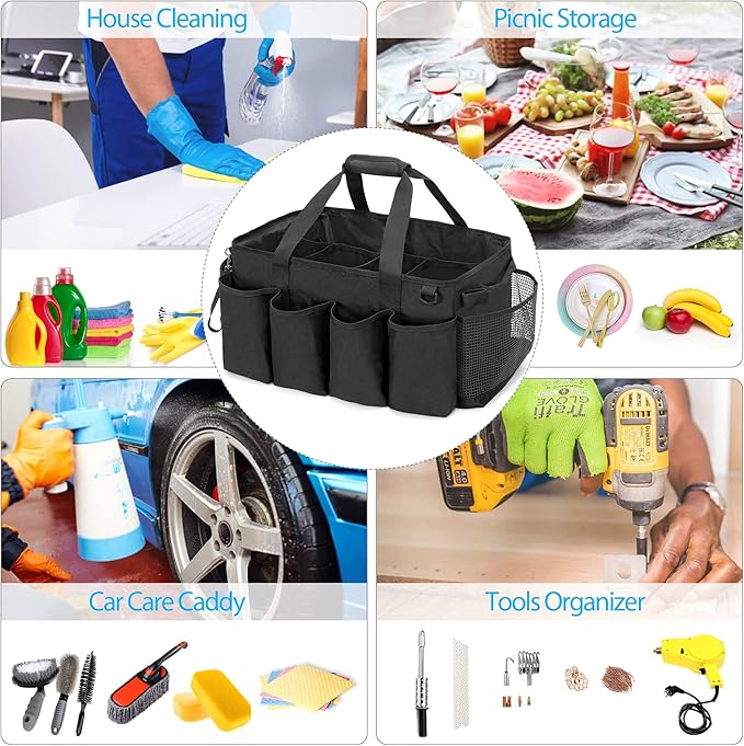 HODRANT Extra-Large Cleaning Caddy, Organizer with Handles for Cleaning Tools & Products Storage, Large Capacity Tote Bag for Car, Home & Housekeeping Work, Black