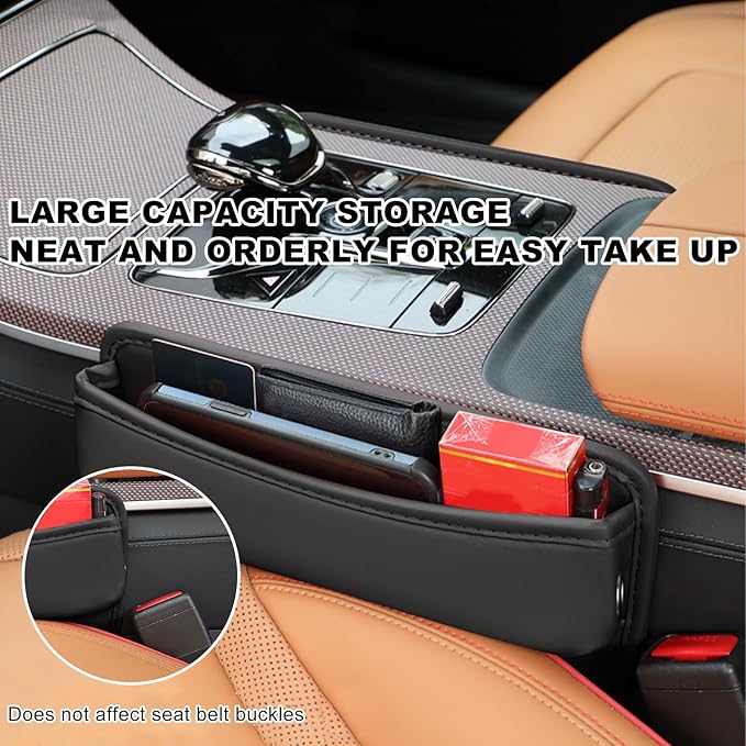 DXNQ Large Capacity Car Seat Gap Filler Organizer, Leather Car Front Seat Slot Storage Box Keeps Car Tidy, Portable Car Seat Gap Filler with 2 Charge Holes for Phones Glasses Keys Cards (Black)