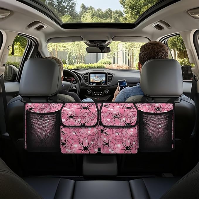 Pink Spiderweb Car Trunk Organizer Bag Car Back Seat Hanging Storage Bag Auto Cargo Bags with 4 Large Pockets Universal Automotive Interior Accessories