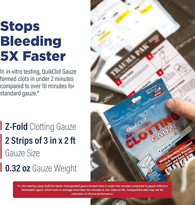 Adventure Medical Kits QuikClot Advanced Clotting Gauze - Stops Bleeding up to 5X Faster Than Standard Gauze - Kaolin Hemostatic Dressing - for First Aid Kits & Survival Gear - 3 x 24 (2 Strips)