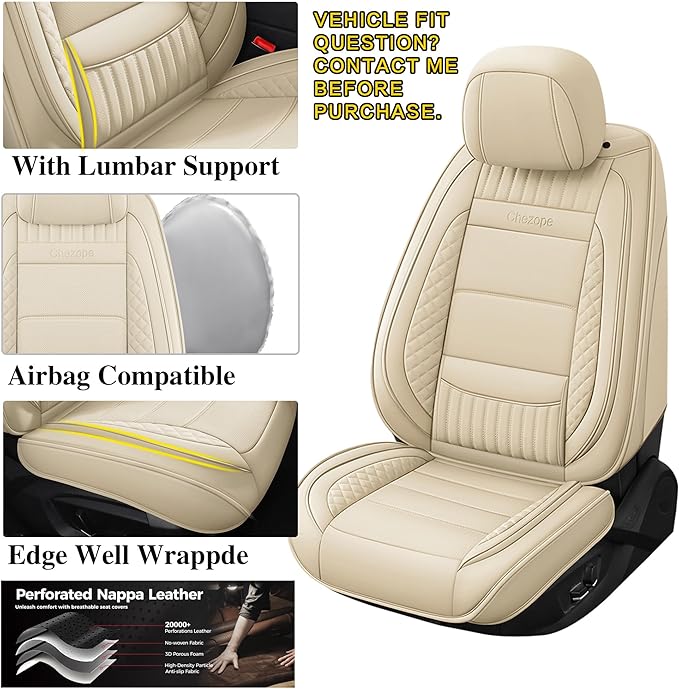 Chezope Leather Seat Covers, Beige Car Seat Covers Front Pair, Breathable Car Seat Protectors, Wear-Resistant Car Accessories, Universal Fit for Most Cars,SUVs Truck (Beige-Stripes, Front Pair)