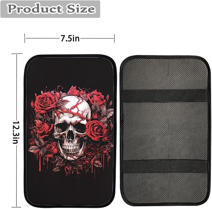 Dreaweet Skull Rose Auto Center Console Pad Car Armrest Seat Box Cover Protector Universal Fit for Most Cars Vehicles Halloween Car Accessories Decorations