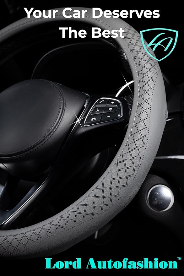 Lord Autofashion Steering Wheel Cover – PU Leather, Non-Slip Rubber Inner, All-Season Comfort – 14.5–15 Inch (Grey 9283)