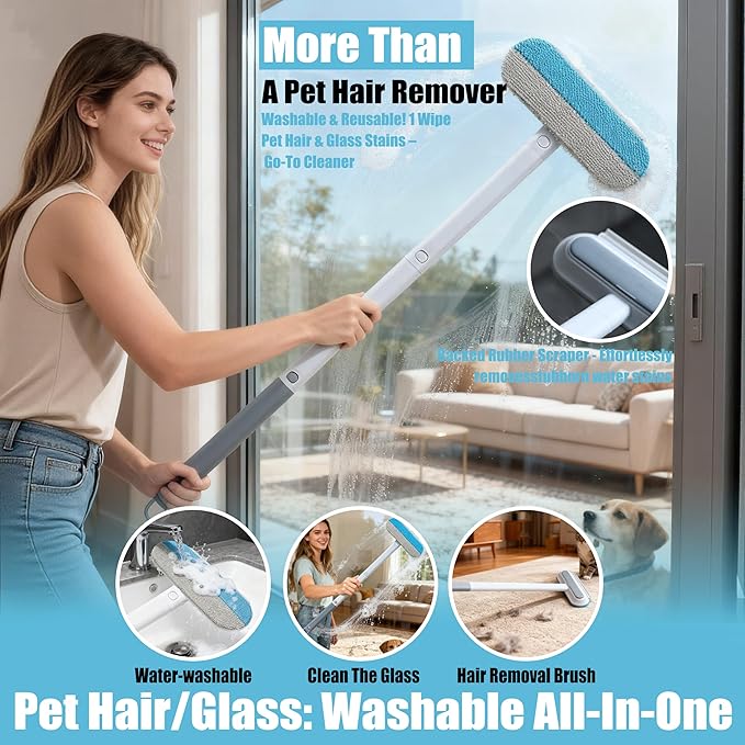 Pet Hair Remover Set – Removes Pet hair from Carpets, Furniture & Car Seats For Cat & Dog, includes 4-in-1 Magic Brush (Extended Handle) & a Electrostatic cat Hair Remover Glove.