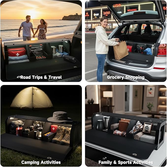 SUV Trunk Organizers and Storage with Lights, Car Storage Organizer with Lid & Sturdy Handle, Car Storage Bins for Groceries Powered by 4 AA Batteries (Batteries Not Included) (39.76inch)