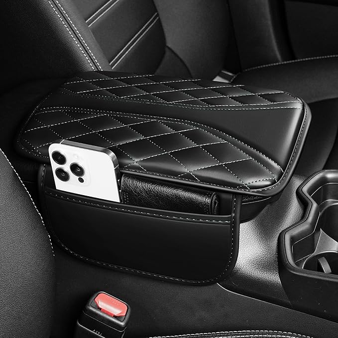 Center Console Cover Fit for Kia Sorento 2003-2025 with 2 Storage Bags Waterproof Leather Quilted Pattern Car Armrest Cover Cushion Anti - Slip(002#Black)