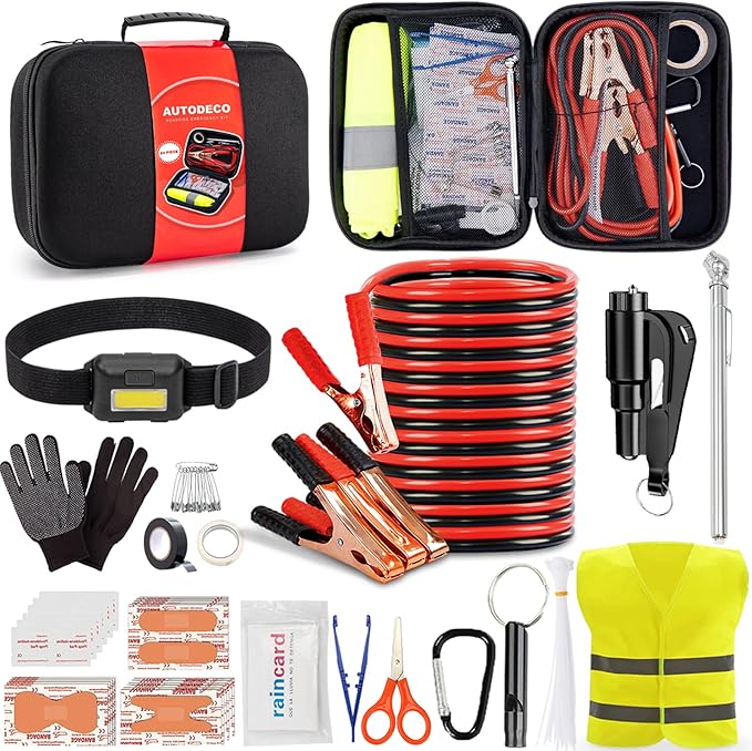 AUTODECO Car Roadside Emergency Kit, Portable Car Safety Kit Car Kits for Emergency, Black