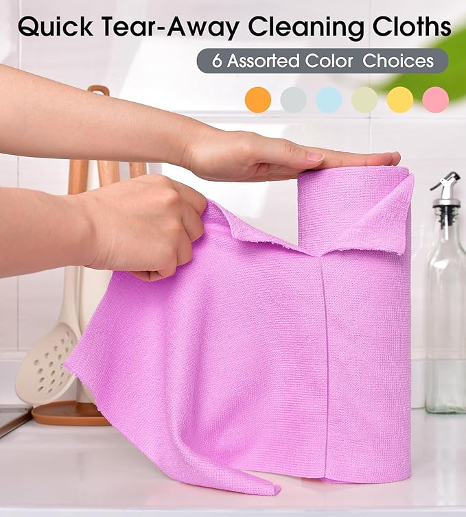 KitchLife Microfiber Cleaning Cloth Roll - Tear-Away Reusable Microfiber Paper Towels, Lint-Free, Washable, 20 Sheets for Kitchen, Car, Dishes, and Sensitive Surfaces (Light Purple)