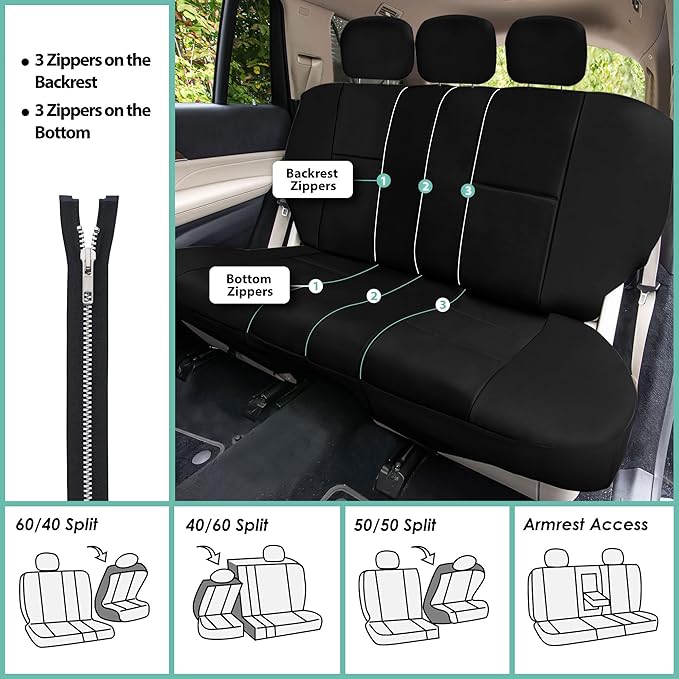 FH-PU002-1010 Classic Exquisite Leather Bench Seat Covers, Split Bench, Solid Black color