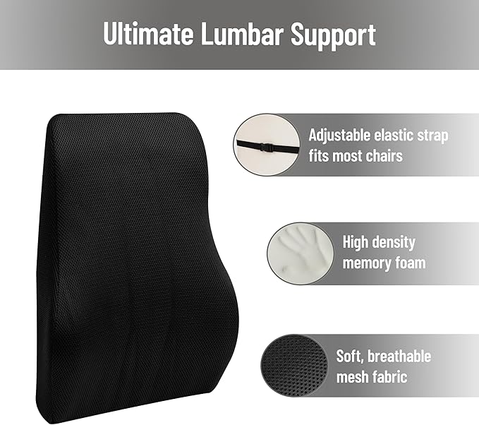 Mind Reader Air-Cloud Lumbar Cushion, Ergonomic Memory Foam Back Support Pillow for Office Chairs, Recliners, and Car Seats, Chiropractor-Recommended, Black