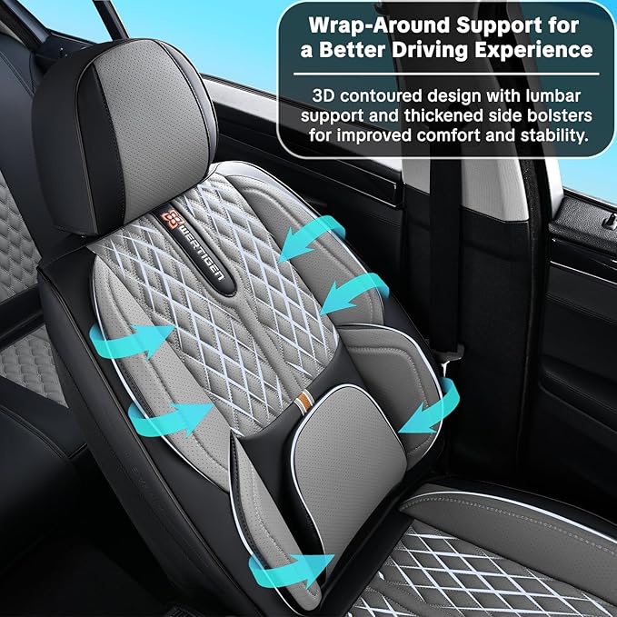 Car Seat Cover Set, Black and Gray, Automotive Interior Accessories, with Lumbar Support, Premium Nappa Leather, Waterproof, Protects and Upgrades Your Car Interior, Fits Most Vehicles