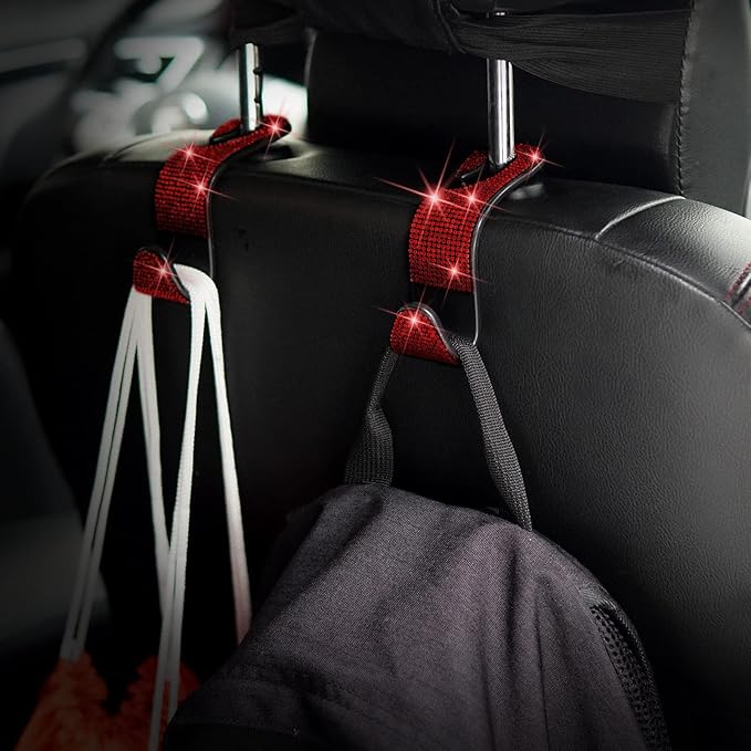Car Purse Hook Bling Car Headrest Hook for Women Girls, 4 Packs Auto Back Seat Hangers Rear Headrest Hooks for Purse, Bag, Handbag, Grocery (Red)
