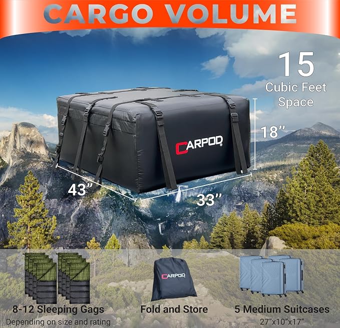 Car Rooftop Cargo Carrier Bag, 15 Cubic ft. 100% Waterproof Roof Bag & Zippers, for All Cars with/Without Racks, 10 Heavy Duty Straps 1.5” Wide, Heat Welded Seams, Roof Pad +Storage Bag +6 Door Hooks