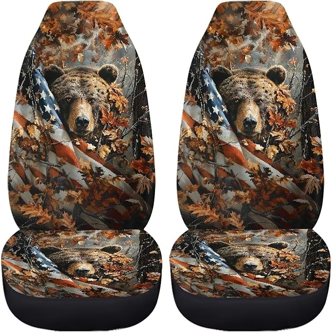 Camouflage Hunting Bear Car Seat Covers Breathable Front Seat Covers Easy Installation Stretch Polyester Fabric Cover Protection Interior Accessories Universal Fit Most Cars SUV