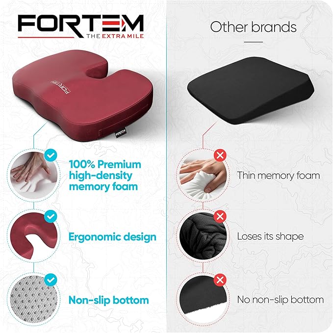 FORTEM Seat Cushion, Office Chair Cushion, Desk Chair Memory Foam, Sciatica Coccyx Tailbone Pain Relief, Pressure Relief, Sitting Pad, for Long Gaming & Sitting, Washable Cover, Non Slip, XL