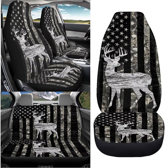 KEIAHUAN Car Seat Covers Full Set of 4 American Flag Deer Camo Hunting Breathable Comfort Auto Interior Seat Protector Front Back Universal Fits Most Cars, Vans, SUVs, Trucks