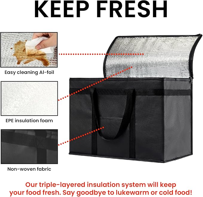 Insulated Bags for Food Delivery (XL Plus) Grocery Shopping Cooler Bag, Pizza Delivery, Hot & Cold Catering Tote, Reusable, Foldable & Heavy Duty (2 Pack, Green)
