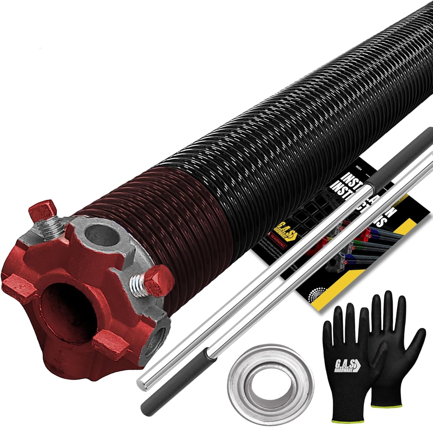 Garage Door Torsion Spring 234x1.75x33 Includes 1” Steel Bearing, Non-Slip Gloves, and Winding Bars for Left Side of Garage Door Precision E-Coating 5-Year Warranty Min. 30,000 Cycles (Red Cone)