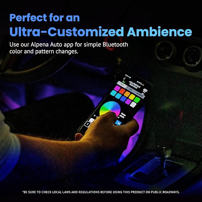 Alpena - FloGlo Interior Bluetooth LED Strip Lights for Cars, Flowing Ambient Lighting Car Interior Stips, Multi-Colored Car Interior Lights, Comes with Downloadable App for Custom Presets, 48 inches