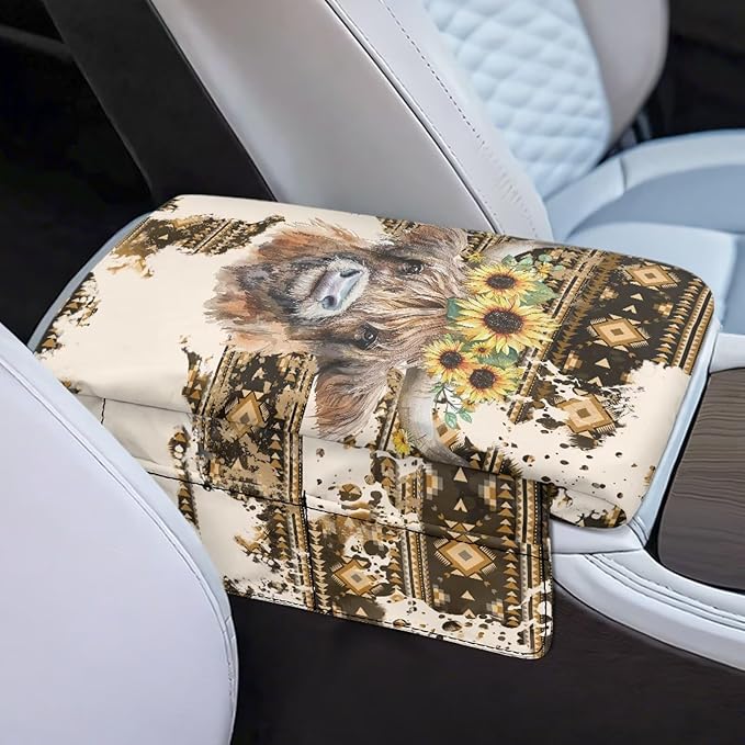 Tupalatus Aztec Car Console Cover Waterproof Highland Cow Universal Armrest Cover with 2 Storage Bags Center Console Covers Universal Fit for Car for Most Vehicle, SUV, Truck, Cars