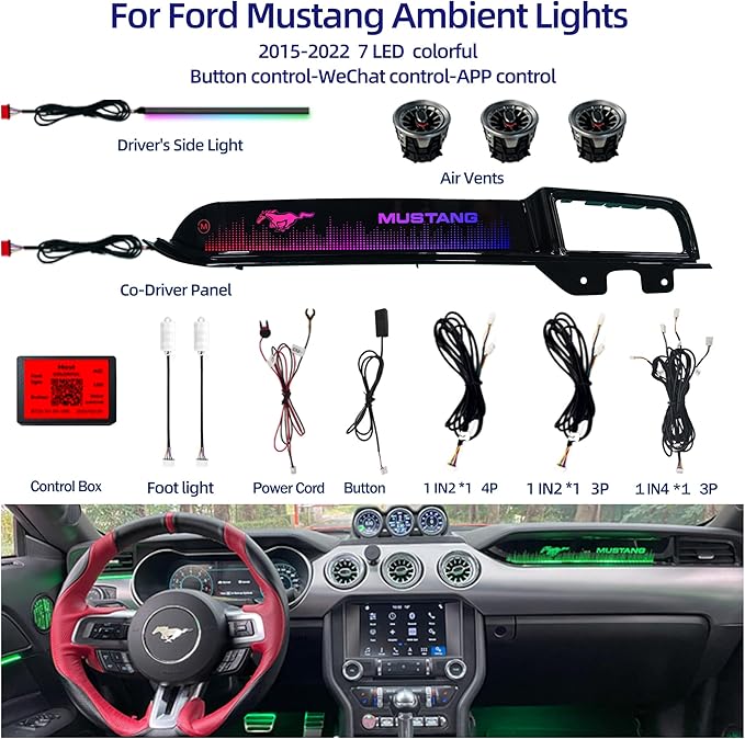 Ambient Light Kit for Ford Mustang S550 (2015-2023) | 256 Color Dash Glow Panel, 3 Turbine Vents, 2 Footwell Lights | Touch Control | Plug & Play