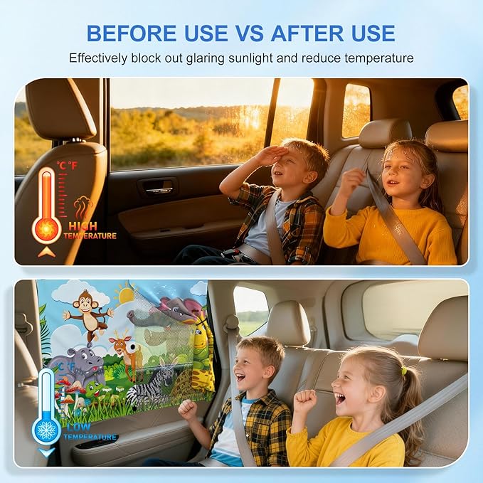 Car Window Shades with 8 Magnets-26.8"x19.7" Car Rear/Side Window Sunshade for Baby Semi-Transparent 2-in-1 Universal Auto Sun Shade for Kid & Pet Protection (2 Pack) Grassland Animal