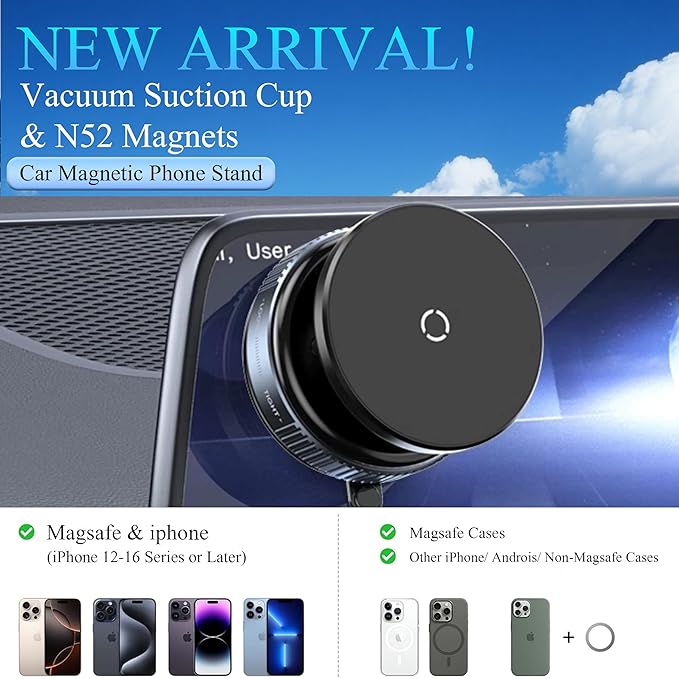 Upgraded Vacuum Suction Magnetic Car Phone Holder for Mag Safe, 360° Adjustable Suction Cup Phone Mount [Ultra-Strong Suction & Magnet], Compatible with i Phone 17 Pro Max / Smooth Surfaces