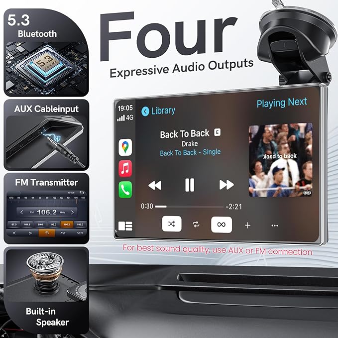 Portable CarPlay Screen for Car,Car Stereo with Apple CarPlay & Android Auto,Incell Touch Screen,4K Dash Cam,1080P Backup Camera,Mirror Link, Voice Control, Bluetooth 5.3,GPS,FM (9 Inch)