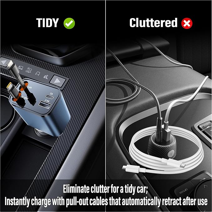 Retractable Car Charger USB C, 4 in 1 Retractable Car Charger with Cables, PD 69W USB C Car Charger Adapter, Fast Cigarette Lighter Adapter Car Phone Charging for iPhone 15/14 Pro Max,Androids, Blue