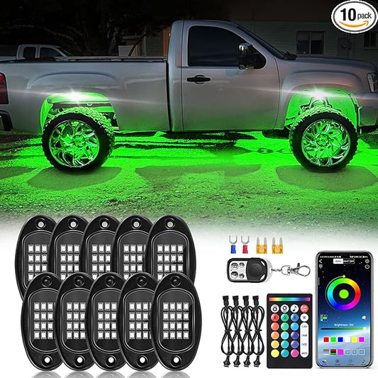 10Pods RGB LED Rock Lights Kit with APP/RF Remote Control, Car Underglow Lights with Dual Zone Brake Multicolor Neon Underbody Light Waterproof 12V for Trucks Pickup Jeep Golf Cart SXS ATV Golf Cart