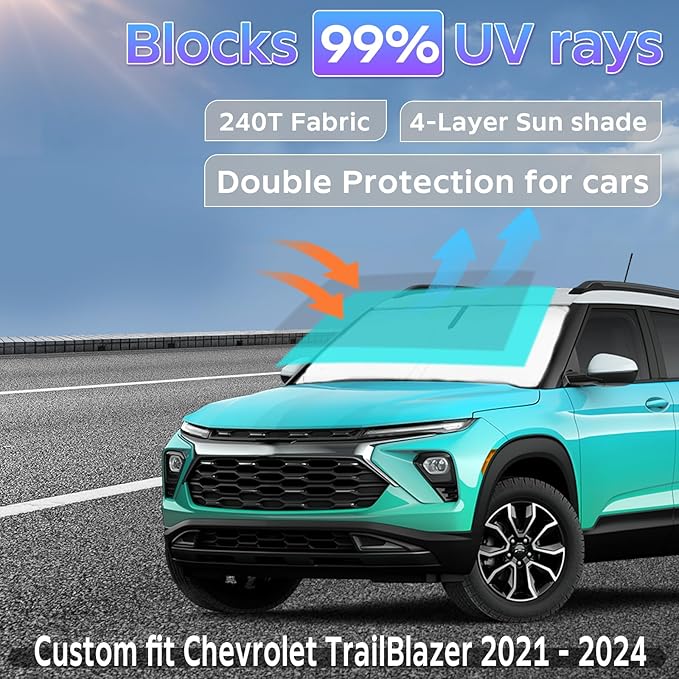 Sun Shade Sunshade for Chevy Chevrolet Trailblazer 2021-2024 2025 2026 Windshield Cover, 4-Layers Sun Shield 250T Silver Sun Visor Foldable Window Shade Blocks UV Rays Car Accessories