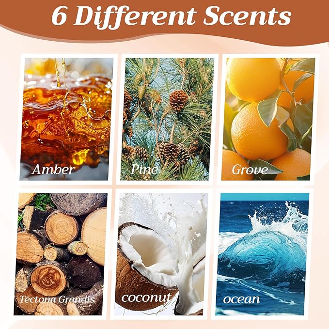 6 Pcs 6 Scents Car Wood Air Freshener Set Wood Fragrance Automotive Odor Eliminator for Visor Clip Vehicle Scent Diffuser with Amber Tectona Grandis Pine Grove Coconut Ocean Scent Refill, Clip