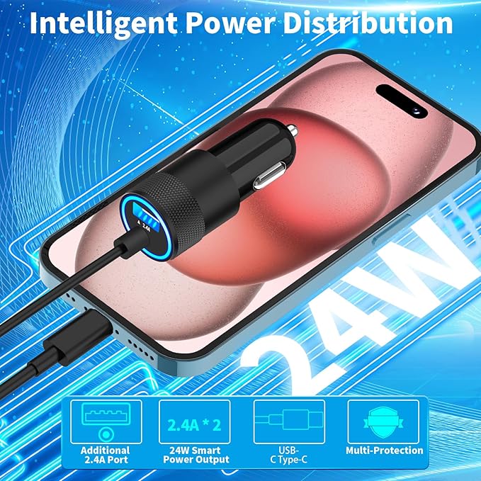 【Apple MFi Certified】iPhone 17 Car Charger Fast Charging, Caiinei 4.8A USB Power Cigarette Lighter USB C Car Charger + 6FT Type C Coiled Cord for iPhone 17/17 Air/17 Pro Max/16/15/Galaxy S25/S24/Pixel