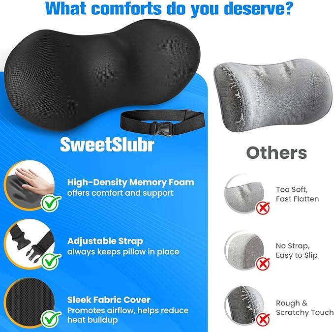 Lumbar Support Pillow for Office Chair - Memory Foam Lumbar Pillow with Detachable Strap & Breathable Cover, Ergonomic Back Support for Office Chair, Car, Bed Rest (Black)