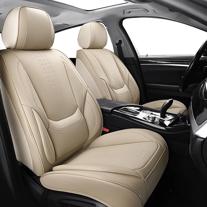 Chezope Car Seat Covers Full Set, Beige Leather Seat Covers, Breathable Front and Back Car Seat Protectors, Wear-Resistant Seat Covers Universal Fit for Most Cars SUV Truck (Beige-Solid, Full Set)