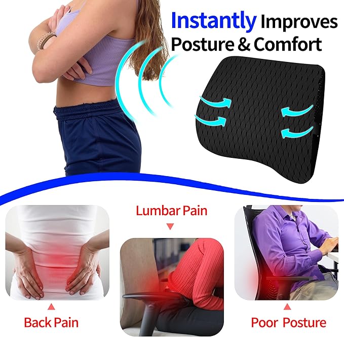 Lumbar Support Pillow for Car & Office Chair - High-Density Memory Foam for Sciatica & Lower Back Pain Relief - Non-Slip Back Support Cushion for Long Commutes & Desk Workers (4D Mesh Black)
