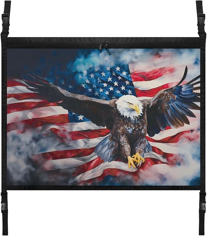 NDISTIN Eagle Car Ceiling Cargo Net Pocket with Zipper Quick Release Buckle Car Roof Cargo Net American Flag Overhead Cargo Storage for SUV Van Truck Anti-Fall Auto Accessory