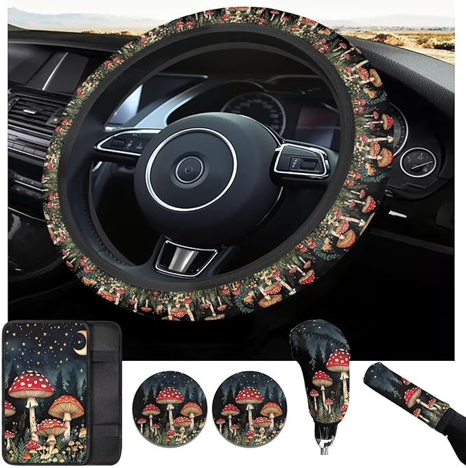 Forest Mushroom Print Car Elastic Steering Wheel Protector for Men Women Auto Interior Accessories Armrest Cover Handbrake Coer Fit for Trucks Vans Suvs