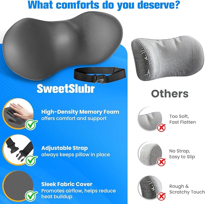 Lumbar Support Pillow for Office Chair - Memory Foam Lumbar Pillow with Detachable Strap & Breathable Cover, Ergonomic Back Support for Office Chair, Car, Bed Rest (Grey)