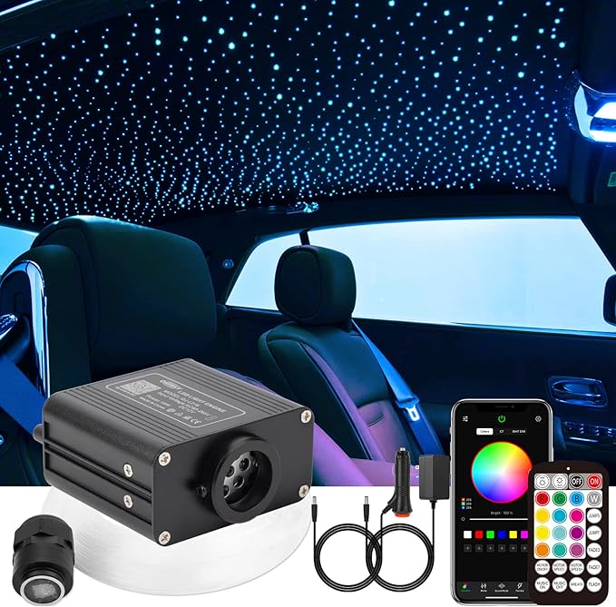 CHINLY Twinkle 300pcs 9.8ft (0.03in+0.04in+0.06in) Fiber Optic Lights Starlight Headliner kit,Music Mode Bluetooth APP Control Remote,RGBW Twinkle Star Lights for Star Headliner/Home Ceiling/Theater