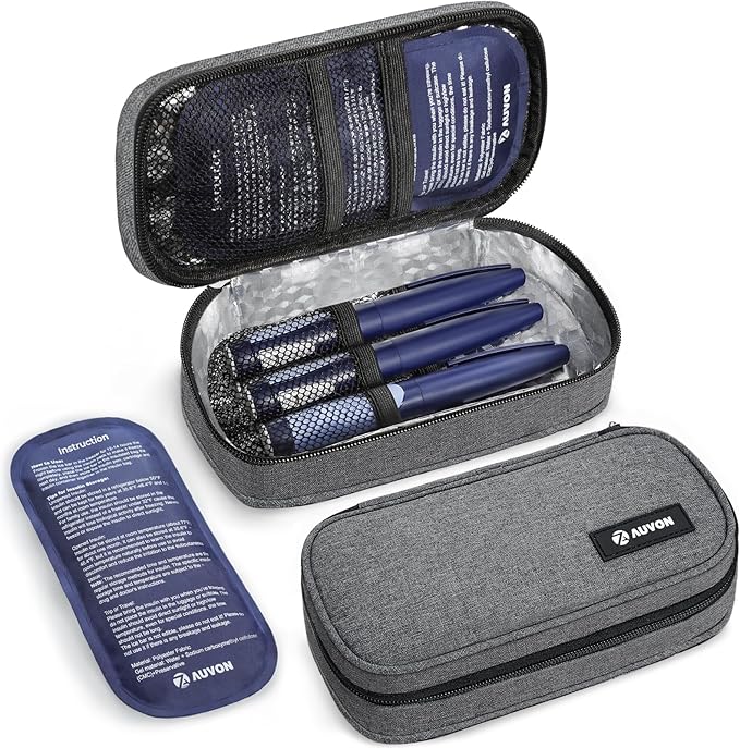 AUVON Insulin Cooler Travel Case with 2 x 160g Ice Packs, 10–11 Hour Cooling, Compact Insulated Diabetic Medication Bag Fits 3–4 Insulin Pens & Diabetic Supplies, 8.27 x 4.33 x 2.56 in, TSA-Friendly